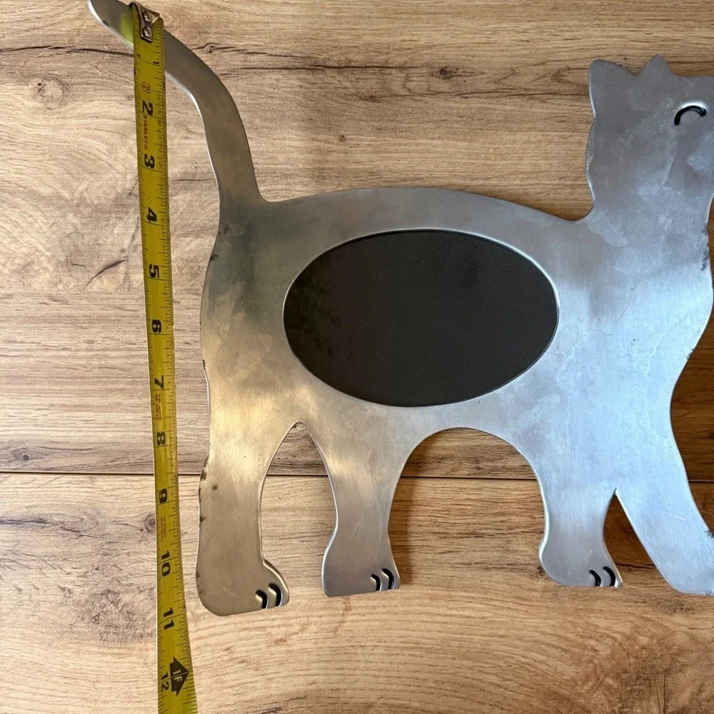 Vintage Brushed Metal Cat Shaped Picture Frame Silver Tone Minimalist Wall Art